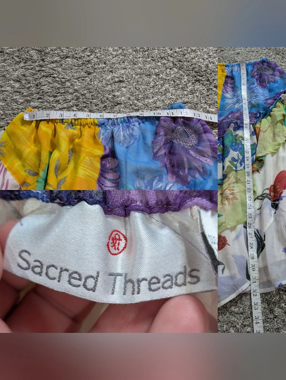 Sacred Threads Colorful Patchwork Floral Chiffon Layered Skirt L - Picture 8 of 8